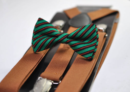 Red White Green Candy Stripes Christmas Xmas Bow tie Bowtie + Tan Brown Suspenders Braces Men / Youth/ Boys Kids / Baby Infant Toddler