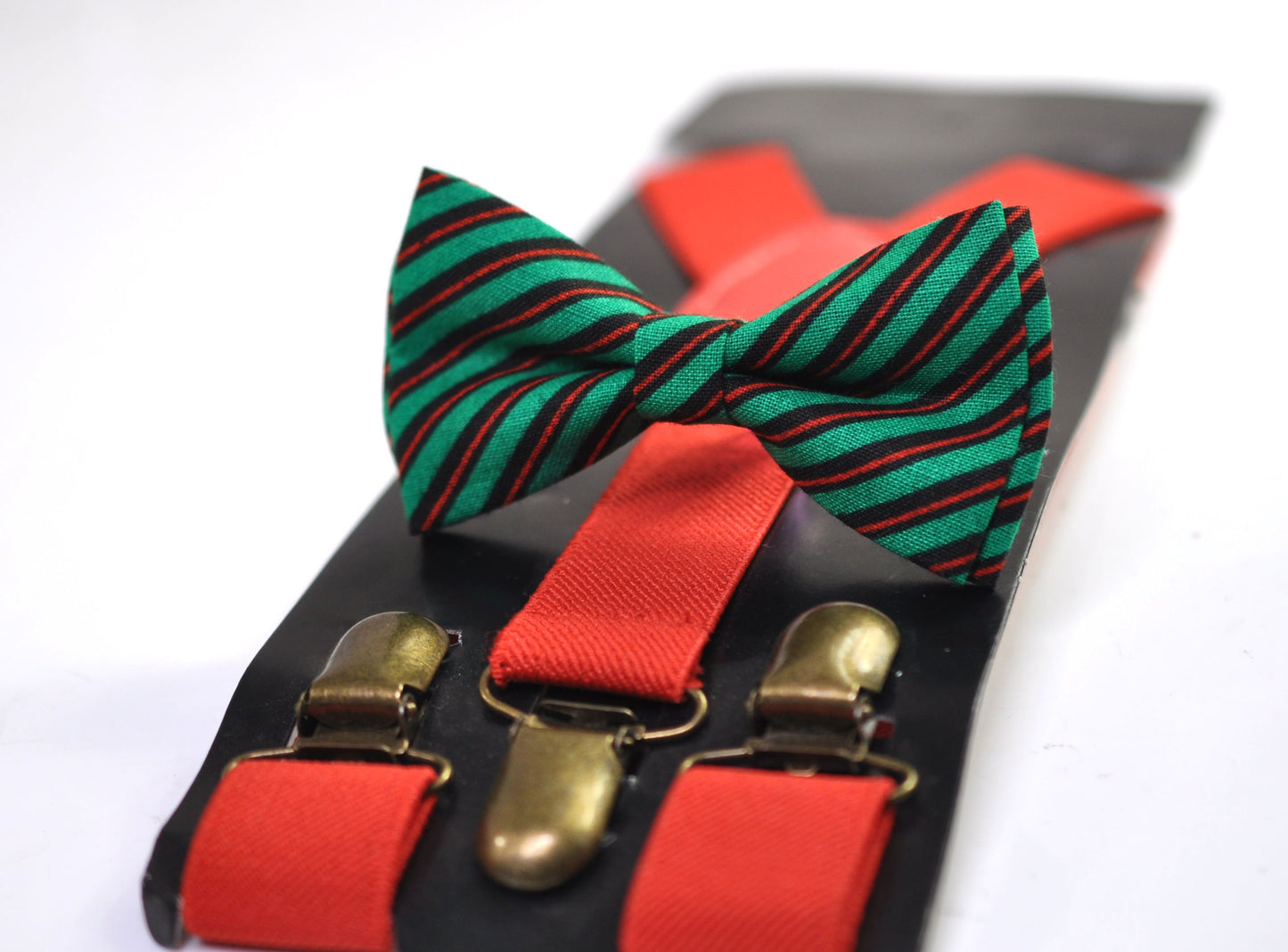 Red White Green Candy Stripes Christmas Xmas Bow tie Bowtie + Red Suspenders Braces Men / Youth/ Boys Kids / Baby Infant Toddler