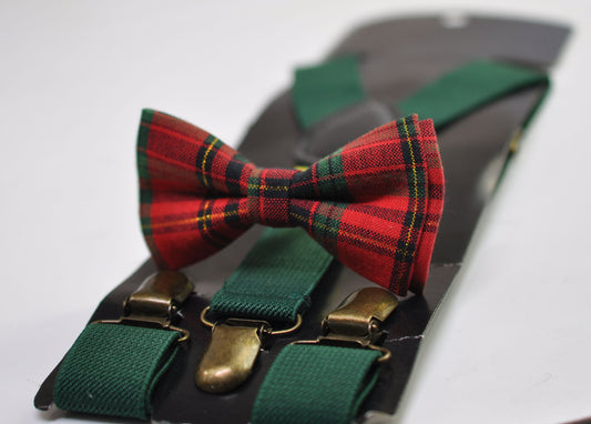 Red Green Gold Tartan Christmas Xmas Bow tie Bowtie + Emerald Green Suspenders Braces for Men / Youth/ Boys Kids / Baby Infant Toddler