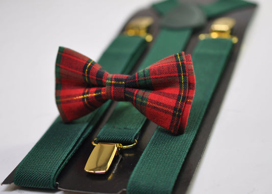 Red Green Gold Tartan Christmas Xmas Bow tie Bowtie + Emerald Green Suspenders Braces for Men / Youth/ Boys Kids / Baby Infant Toddler