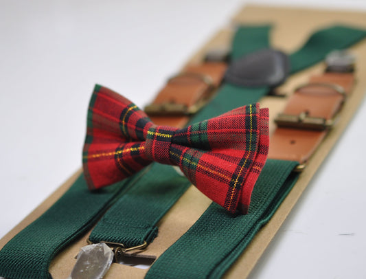 Red Green Gold Tartan Christmas Xmas Bow tie Bowtie + Emerald Green Suspenders Braces for Men / Youth/ Boys Kids / Baby Infant Toddler