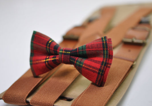 Red Green Gold Tartan Christmas Xmas Bow tie Bowtie + Tan Brown Suspenders Braces for Men / Youth/ Boys Kids / Baby Infant Toddler
