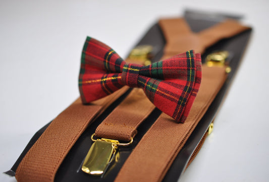 Red Green Gold Tartan Christmas Xmas Bow tie Bowtie + Tan Brown Suspenders Braces for Men / Youth/ Boys Kids / Baby Infant Toddler