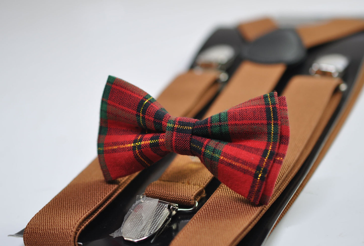 Red Green Gold Tartan Christmas Xmas Bow tie Bowtie + Tan Brown Suspenders Braces for Men / Youth/ Boys Kids / Baby Infant Toddler