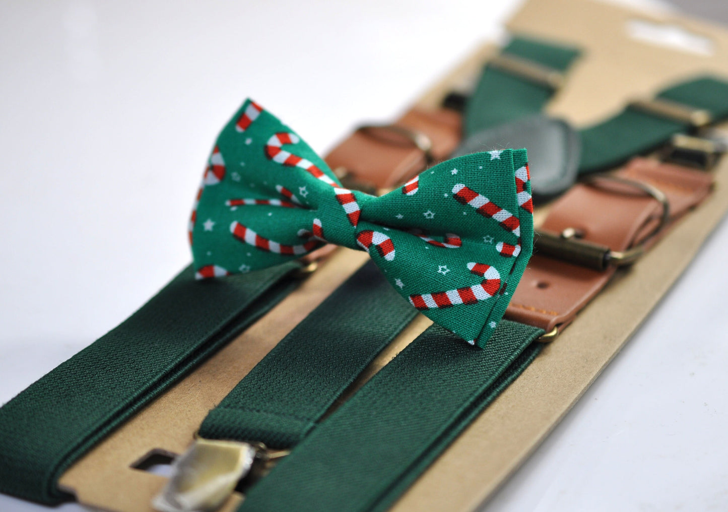 Candy Cane Canes Sticks Christmas Xmas Bow tie Bowtie + Emerald Green Suspenders Braces for Men / Youth/ Boys Kids / Baby Infant Toddler