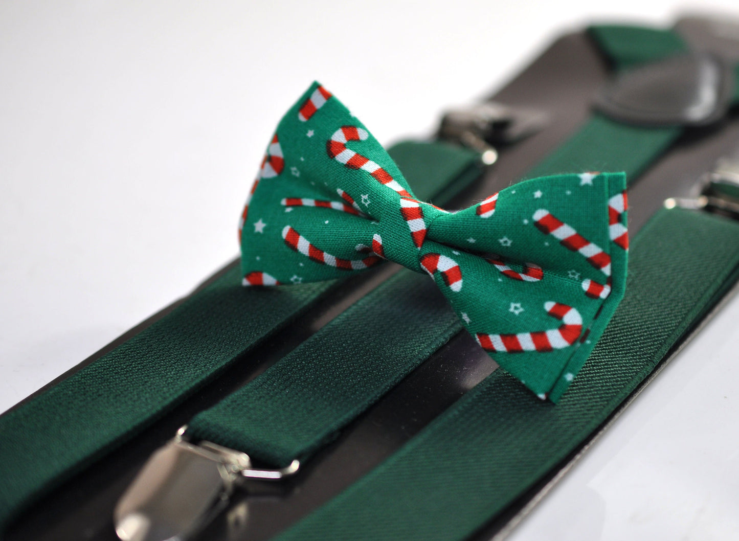 Candy Cane Canes Sticks Christmas Xmas Bow tie Bowtie + Emerald Green Suspenders Braces for Men / Youth/ Boys Kids / Baby Infant Toddler