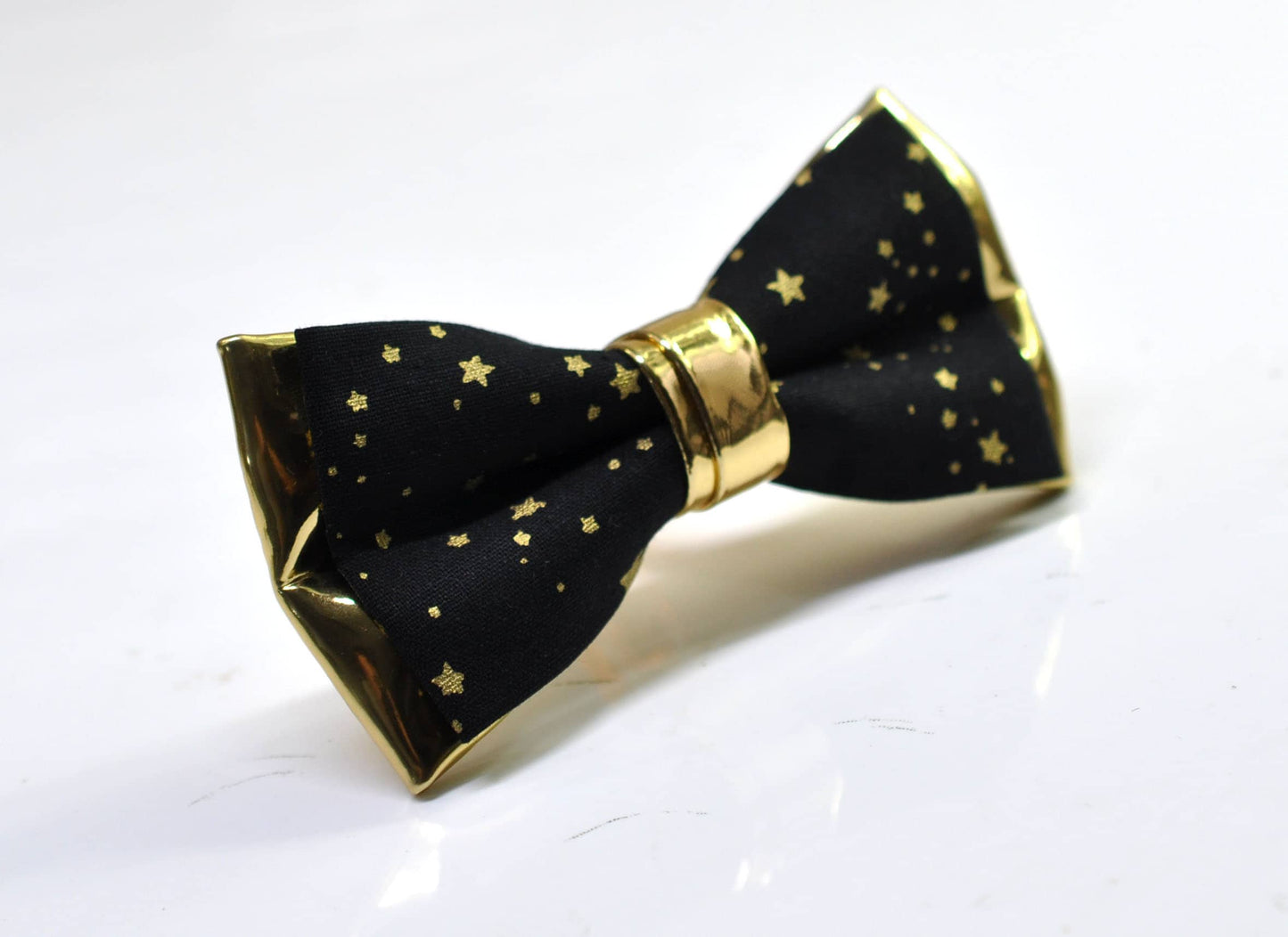 BLACK Gold Golden Stars Faux Leather Xmas Christmas Bowtie Bow Tie for Men Adult / Youth / Boy Kids / Baby Infant Toddler