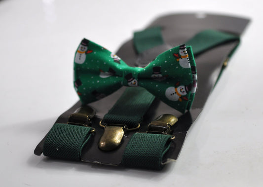 Green Snowman Snow Man Christmas Xmas Bow tie Bowtie + Emerald Green Suspenders Braces for Men / Youth/ Boys Kids / Baby Infant Toddler