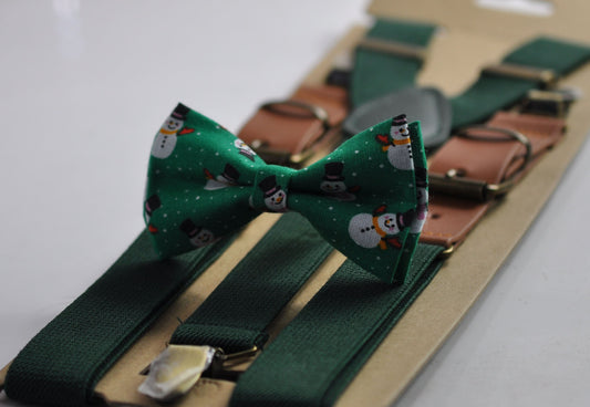 Green Snowman Snow Man Christmas Xmas Bow tie Bowtie + Emerald Green Suspenders Braces for Men / Youth/ Boys Kids / Baby Infant Toddler