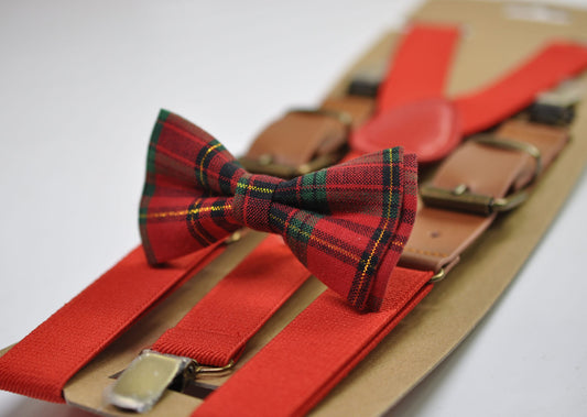 Red Green Gold Tartan Christmas Xmas Bow tie Bowtie + Red Suspenders Braces for Men / Youth/ Boys Kids / Baby Infant Toddler