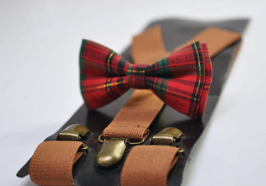 Red Green Gold Tartan Christmas Xmas Bow tie Bowtie + Tan Brown Suspenders Braces for Men / Youth/ Boys Kids / Baby Infant Toddler