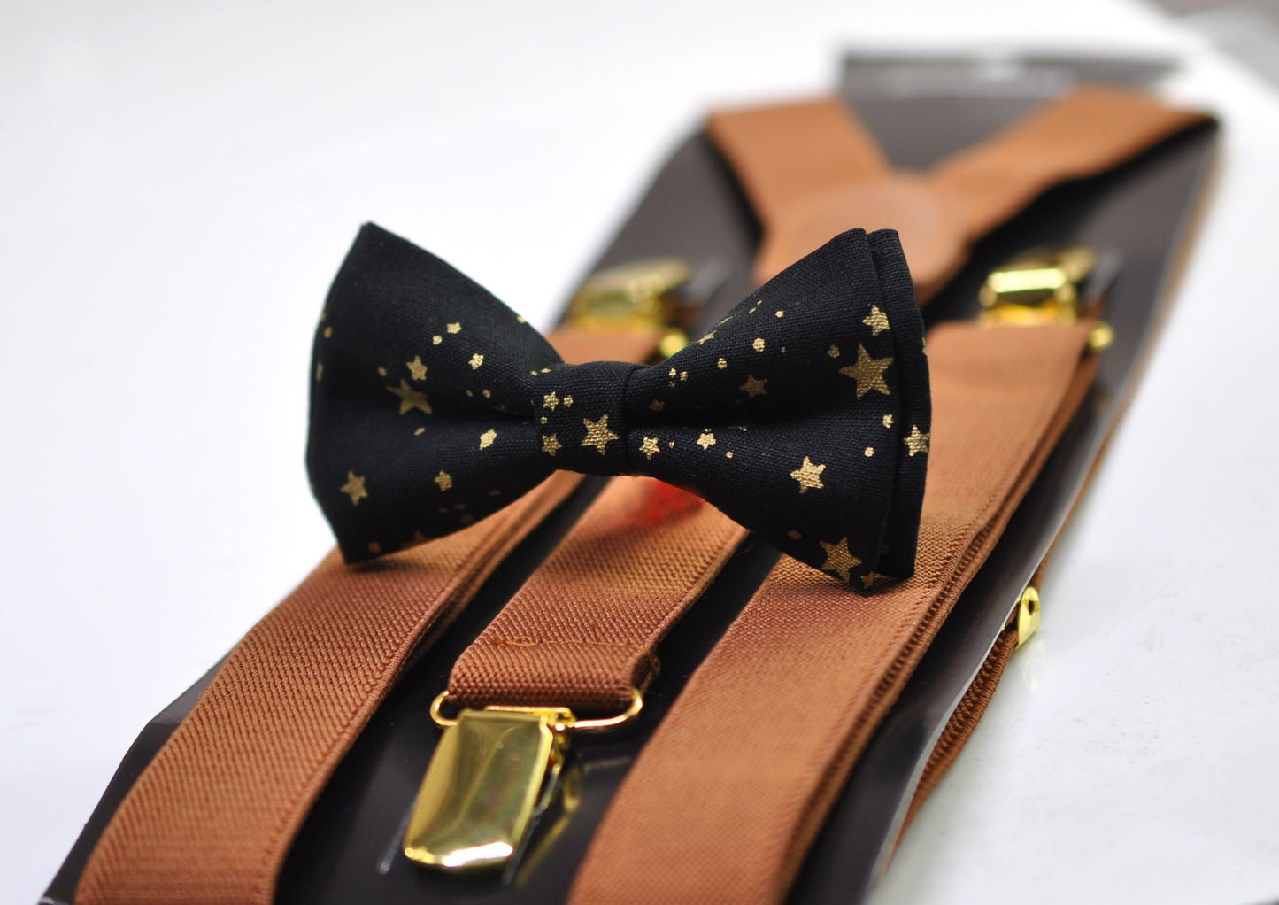 Black Gold Stars Christmas Xmas Bow tie Bowtie + Tan Brown Suspenders Braces for Men / Youth/ Boys Kids / Baby Infant Toddler