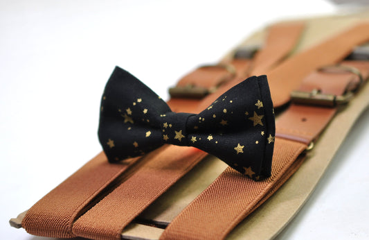 Black Gold Golden Stars Christmas Xmas Bow tie Bowtie + Tan Brown Suspenders Braces for Men / Youth/ Boys Kids / Baby Infant Toddler