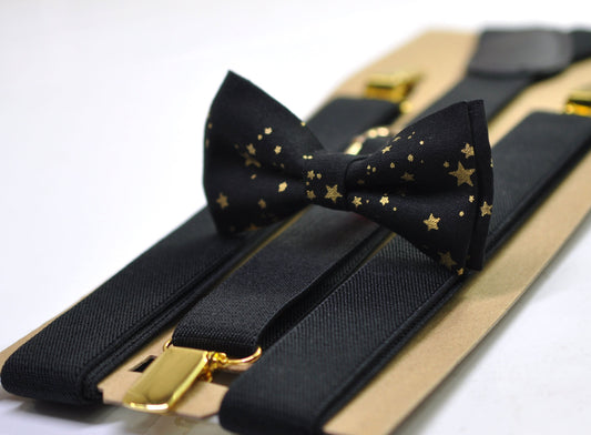 Black Gold Golden Stars Christmas Xmas Bow tie Bowtie + Black Suspenders Braces for Men / Youth/ Boys Kids / Baby Infant Toddler