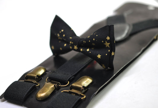 Black Gold Golden Stars Christmas Xmas Bow tie Bowtie + Black Suspenders Braces for Men / Youth/ Boys Kids / Baby Infant Toddler