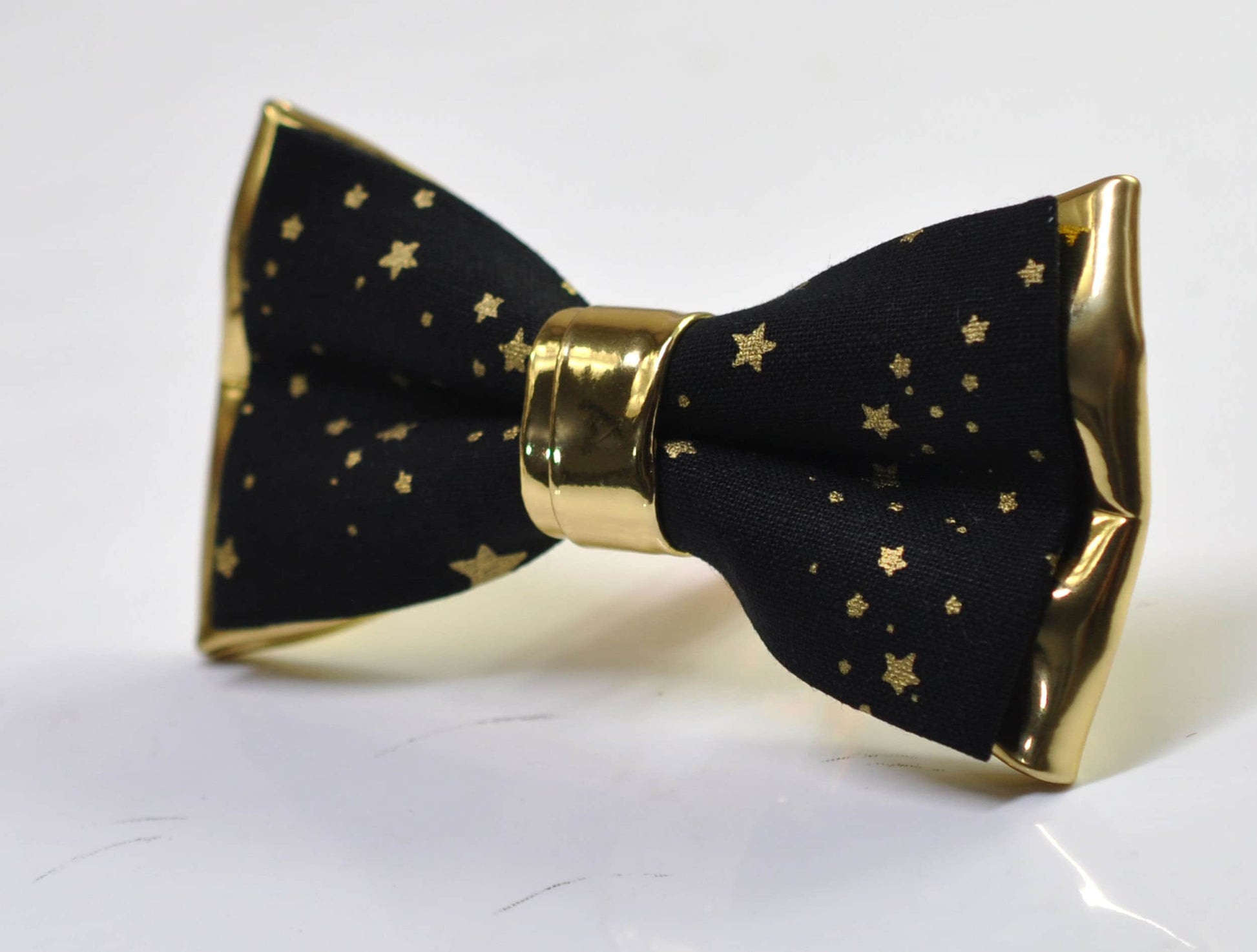 BLACK Gold Golden Stars Faux Leather Xmas Christmas Bowtie Bow Tie for Men Adult / Youth / Boy Kids / Baby Infant Toddler